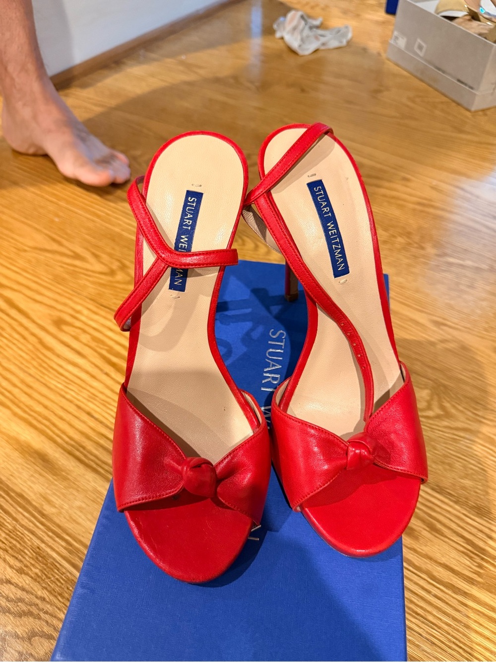 Stuart Weitzman Red Knotted Leather Open-Toe Slingback Heels